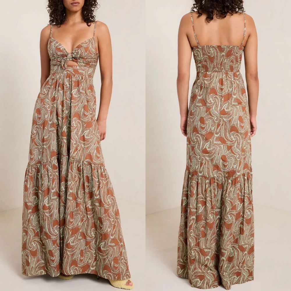 NEW NWT A.L.C. Laura Cotton Poplin Maxi Dress In Cognac & Green Ash Print